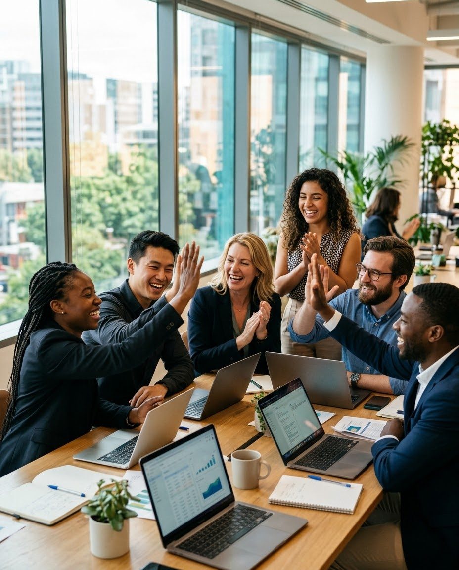 A team celebrating a successful result around a meeting table